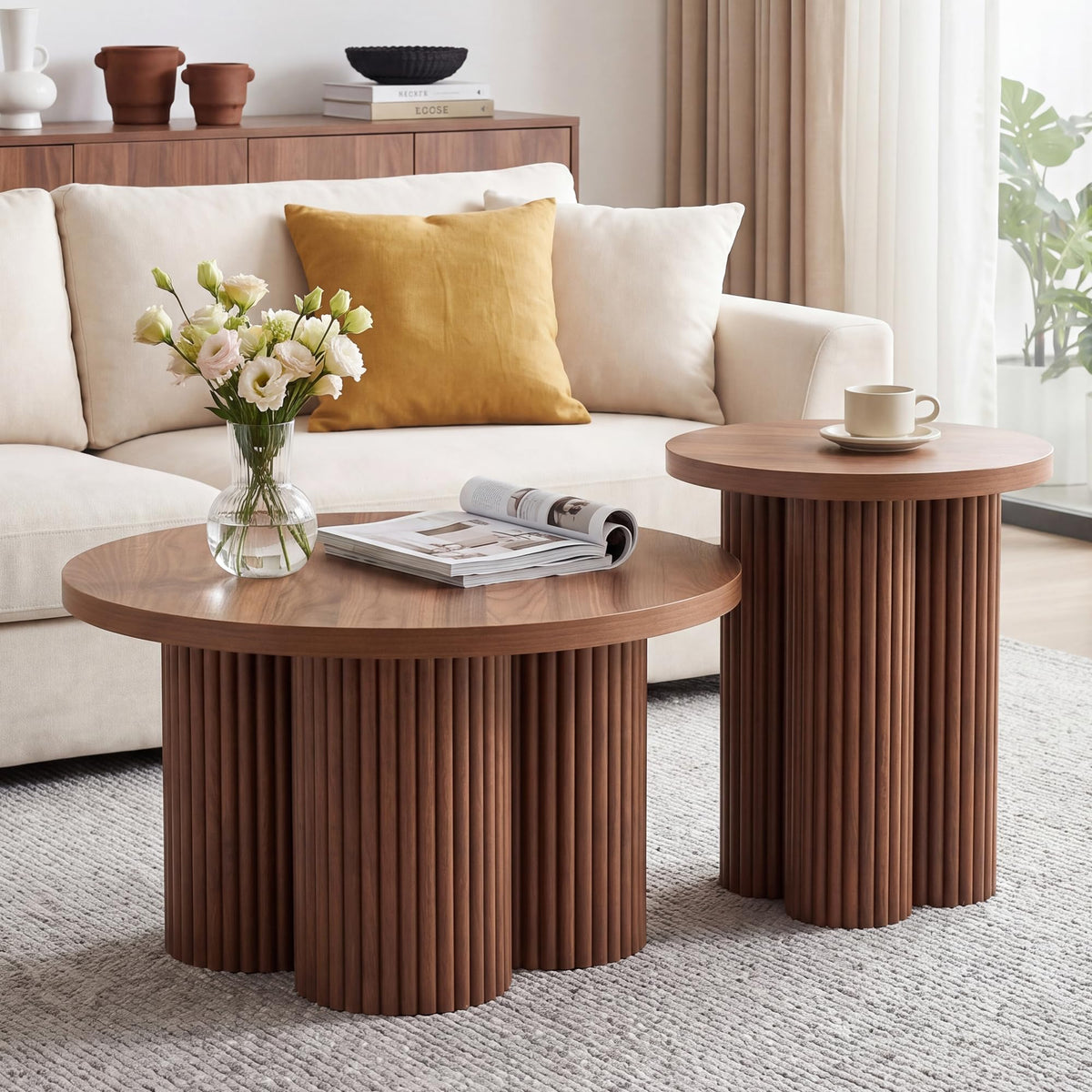 Round Nesting Coffee Table Set of 3 Fluted Coffee Table (Natural)