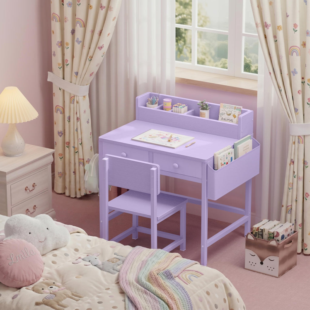 BOLUO White Kids Desk and Chair Set for 5-8 Year Old, Small Child Desk with Fabric Drawer, Children Study Table with Storage Toddler Girls Boys