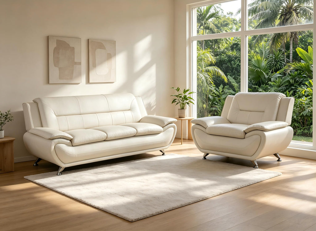 Creamy White Living Room Furniture Set, 2-Piece Modern Faux Leather Couches for Home, Living Room Sofa Sets, 3-Seater Sofa and Loveseat with Metal Feet, Couch Set for Bedroom, Hotel, Office