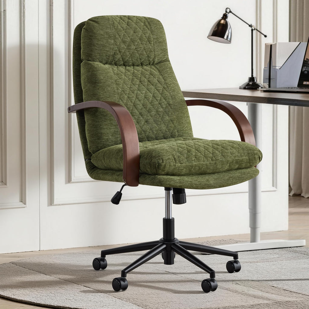 KISLOT Home Office Desk Chair, Ergonomic Office Chair with Lumbar Support, Adjustable Swivel Computer Chair with Wheels, Faux Leather Executive Task Chair with Wood Arms, Set of 2, Brown