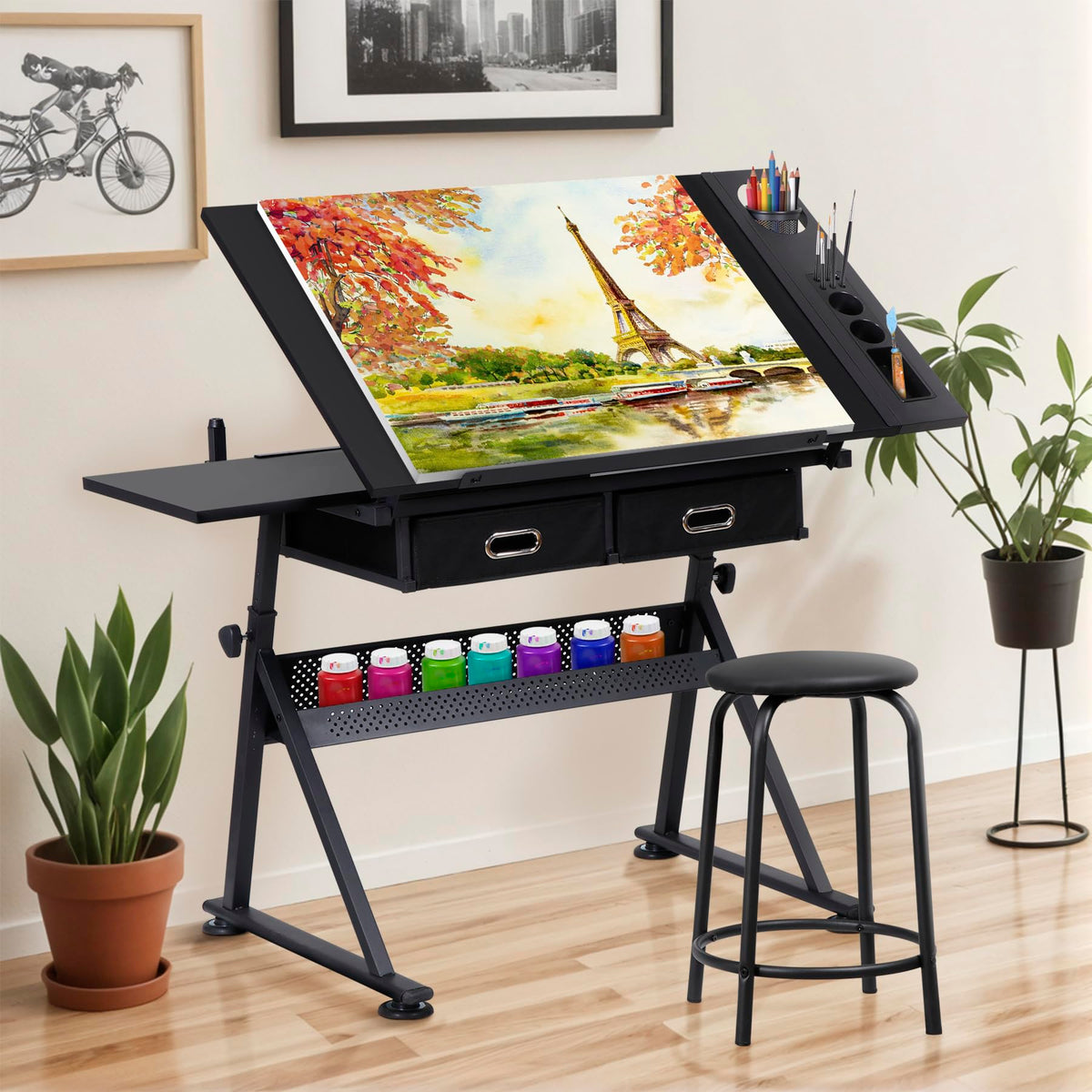 ZENY Adjustable Drafting Table with Stool Tilting Drawing Desk Artist Table