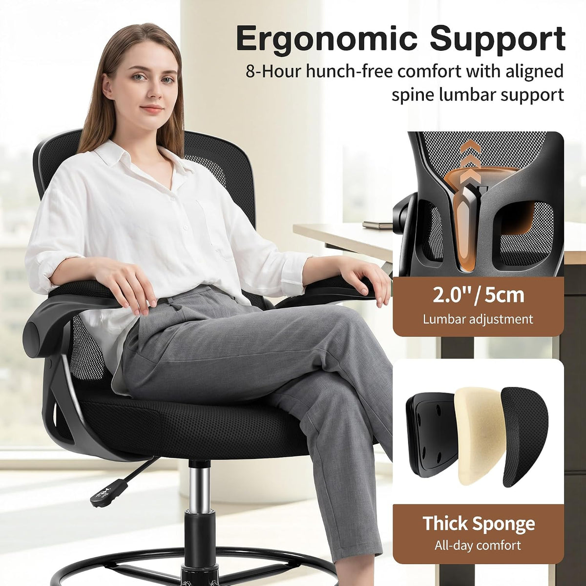 Drafting Chair, Tall Office Chair for Standing Desk with Flip-Up Armrests, Adjustable Foot Ring & Lumbar Support, Breathable Mesh High Desk Stool for Studio & Drafting Table, Black