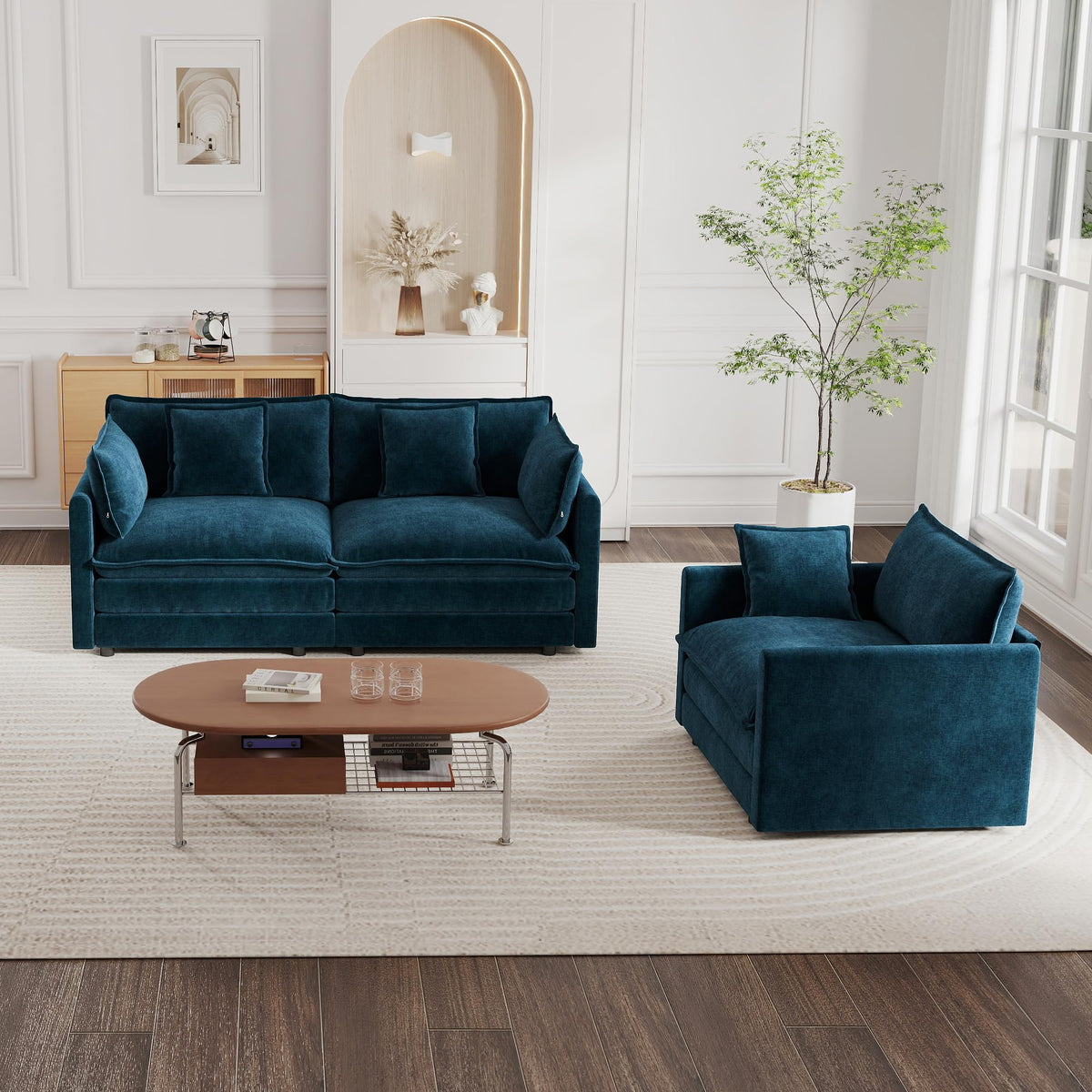 mikibama Luxury 2 Piece Loveseat Couch & Sofa Armchair Set, Modern Upholstered Chenille Cloud Couches Set Furniture with 5 Pillow for Living Room Bedroom Office Apartment, Evergreen