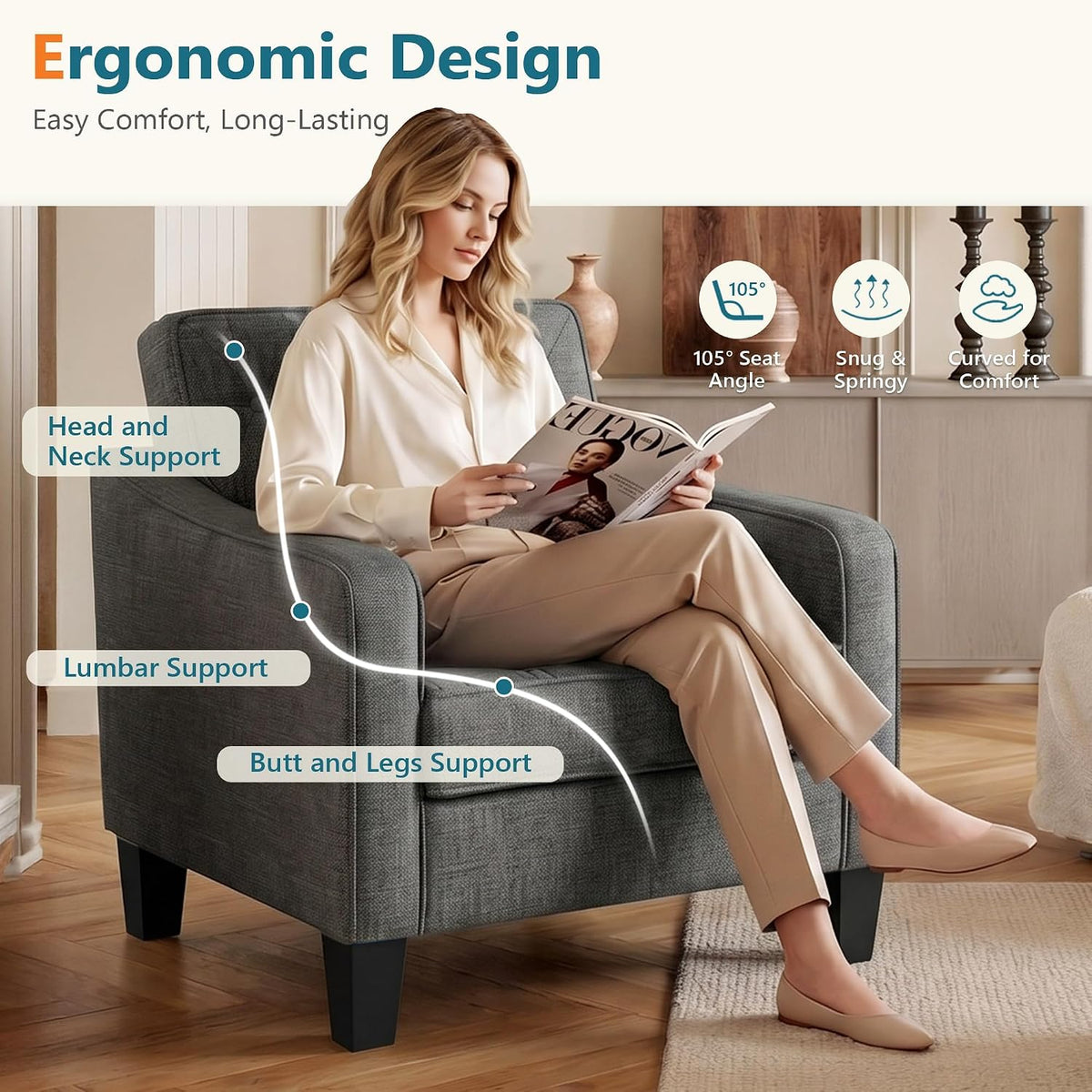 Grey Accent Chairs Set of 2, Wide Comfy Arm Chairs for Living Room, Office
