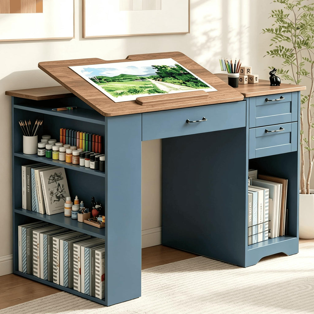 Drafting Table with Storage Cabinet & Drawers, Adjustable Drawing Table with Open Shelves, Craft Art Desk for Artists, Painters, Drawing, Crafting, Reading, Writing, Working