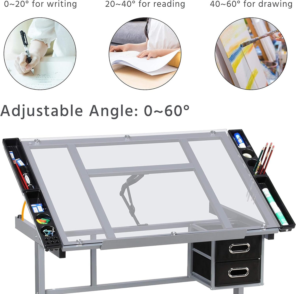 Yaheetech Glass Drafting Table with Storage, Adjustable Art Drawing Desk