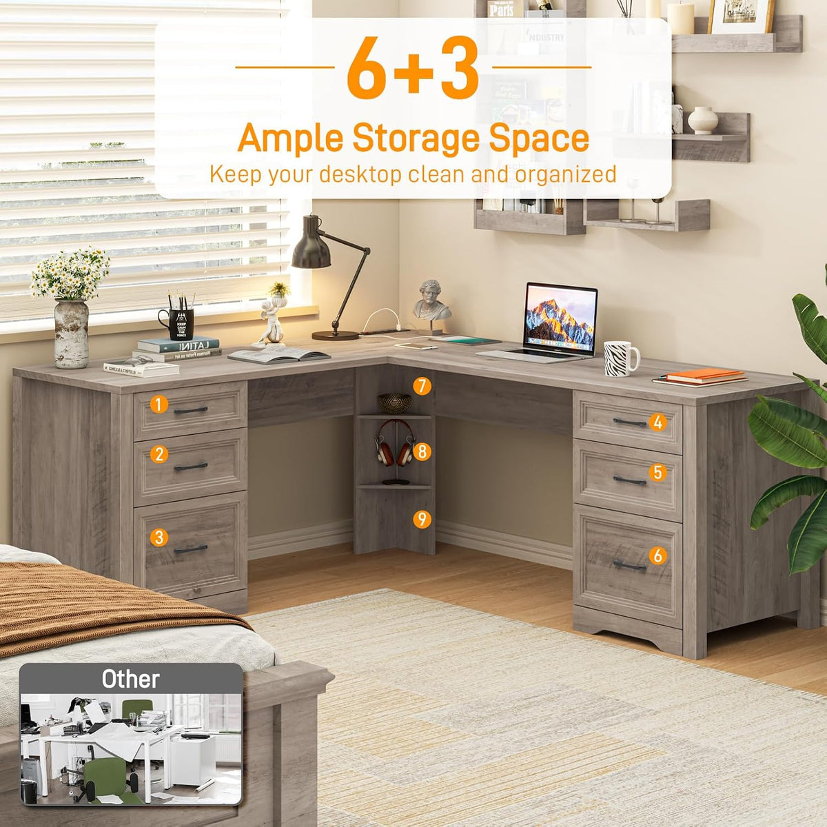 Halitaa Farmhouse Home Office Desk with 6 Drawers, L Shaped Executive Desk with Power Outlets and Triangle Under-Desk Storage Shelf & Drawer File Cabinet, Corner Computer Desk, Grey