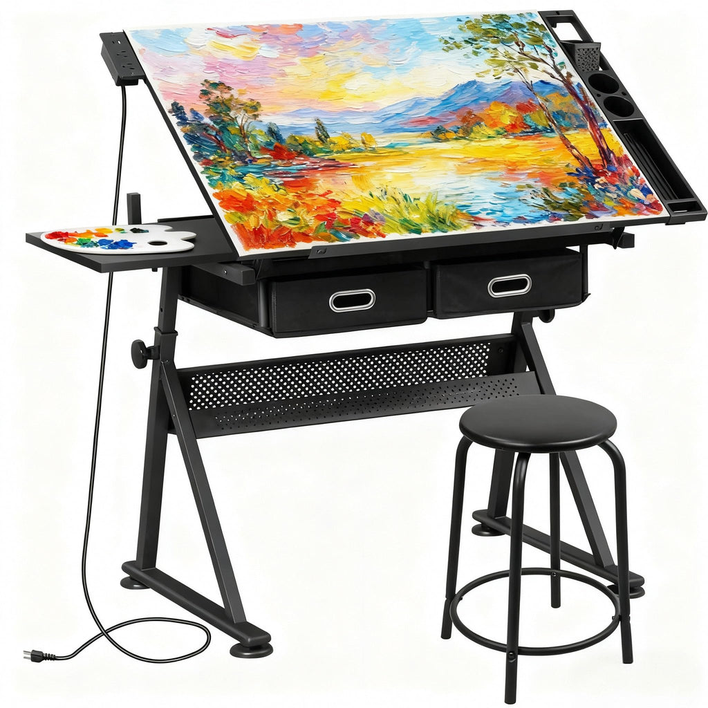 ZENY Adjustable Drafting Table with Stool Tilting Drawing Desk Artist Table