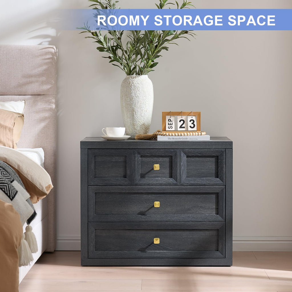 3 Drawers Nightstand Set of 2 W/Charging Station, 30.7" W King Size Bedside Table with 3 Drawers, Accent End Table W/Large Storage, Modern Wood Side Table for Bedroom,Office (2 Pieces, Gray Black)