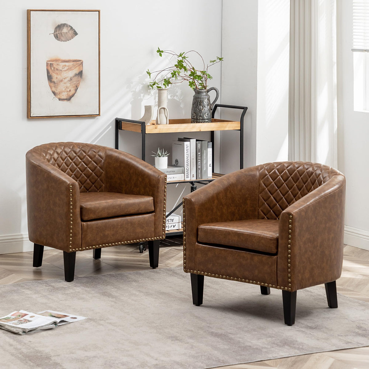 KINWELL 29" W Faux Leather Tufted PU Barrel Club Chairs Set of 2, Black