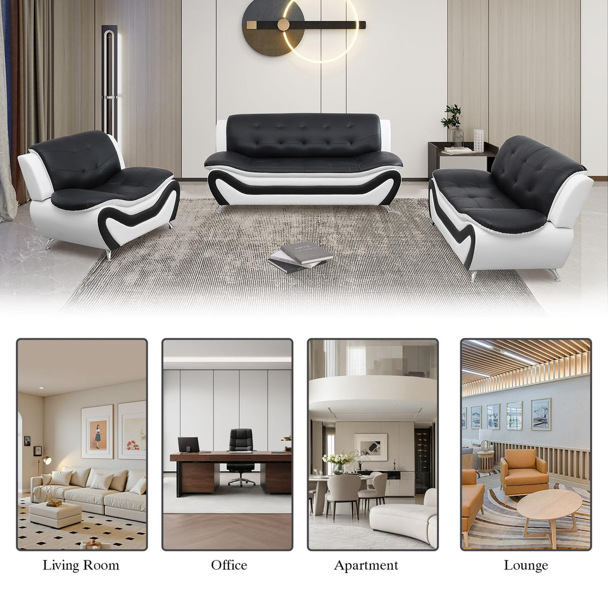 Modern Leather Sofa Set, Living Room Furniture, 3 - Piece Couch Set, Faux Leather Couch Loveseat Chair Set with Sturdy Legs for Living Room/Bedroom/Office,Black