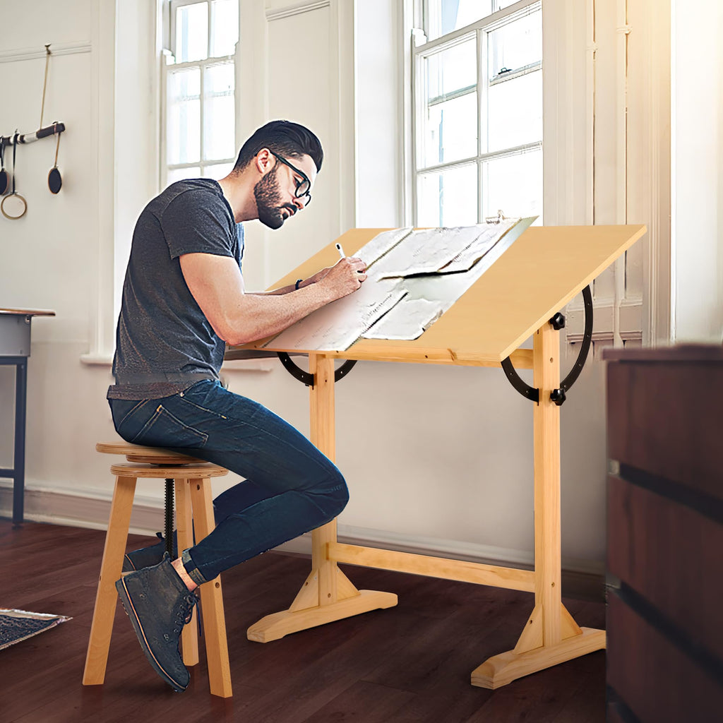 VISWIN Wood Drafting Table for Adults, 24'' x 35" Drawing Table with Adjustable Angle for Art Studio, 34" Height Solid Pine Wood Artist Desk for Drawing, Drafting, Writing, Reading, Sketching