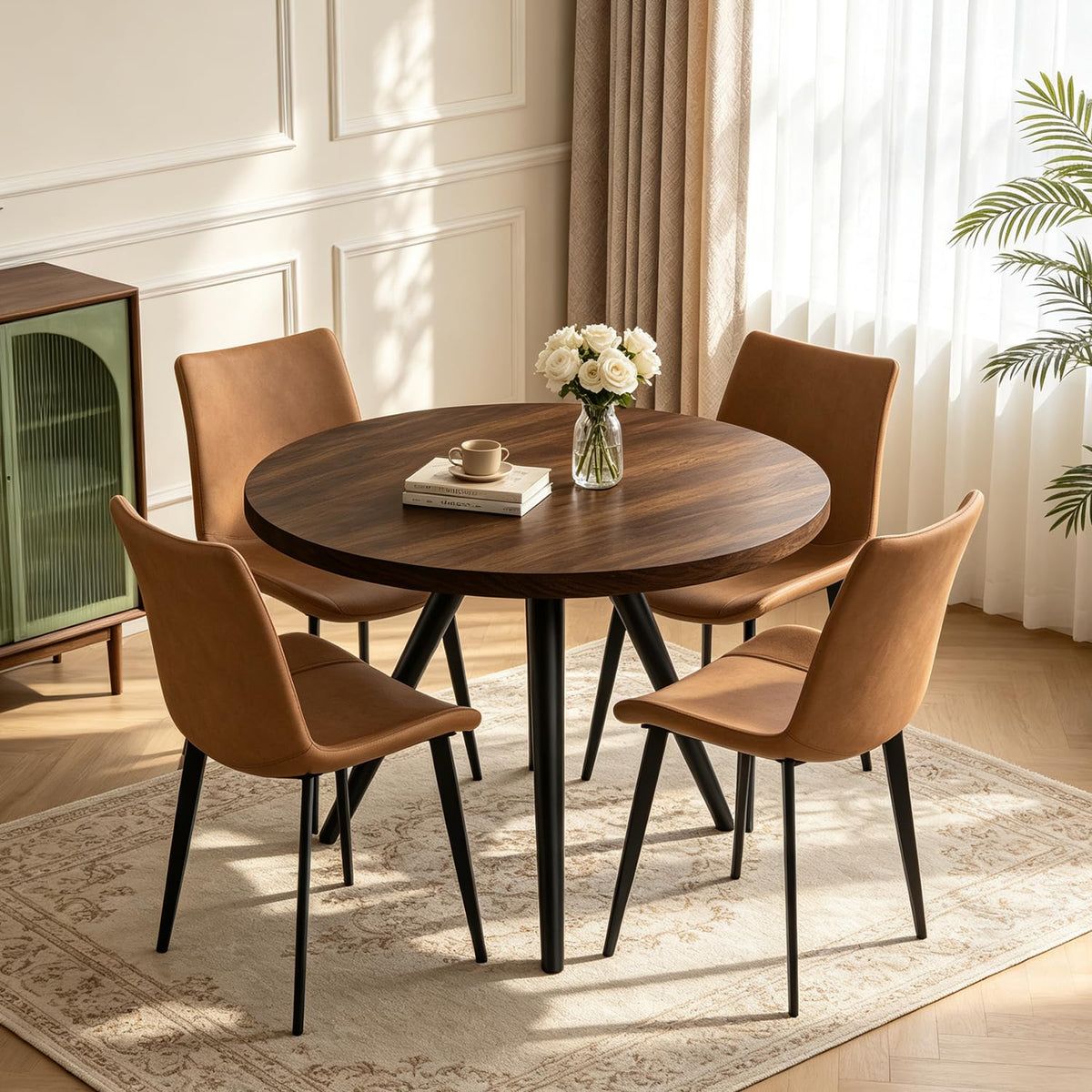 34.6" Round Dining Table Set for 4, Modern Kitchen Coffee Table Set, Walnut