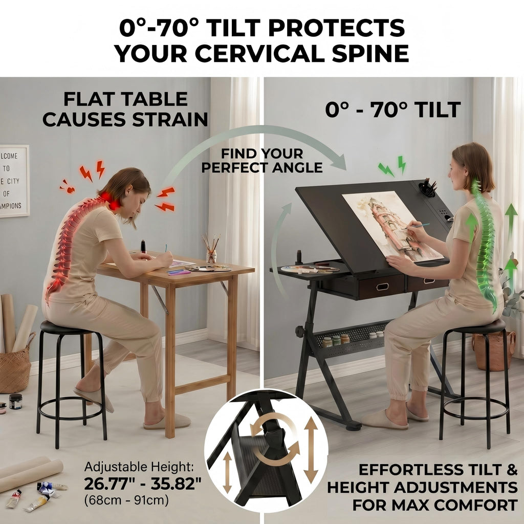 Adjustable Drawing Table with 3 Drawers & Stool, for Art & Work