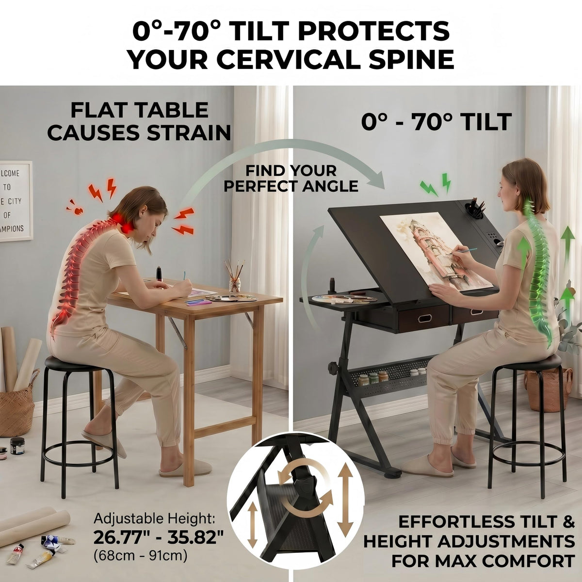 Adjustable Drawing Table with 3 Drawers & Stool, for Art & Work