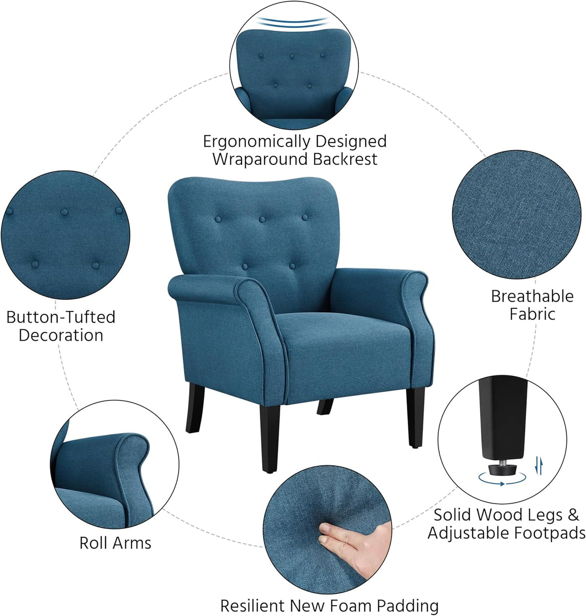 Yaheetech High Back Accent Chair Set of 2 with Rolled Arms, Navy Blue