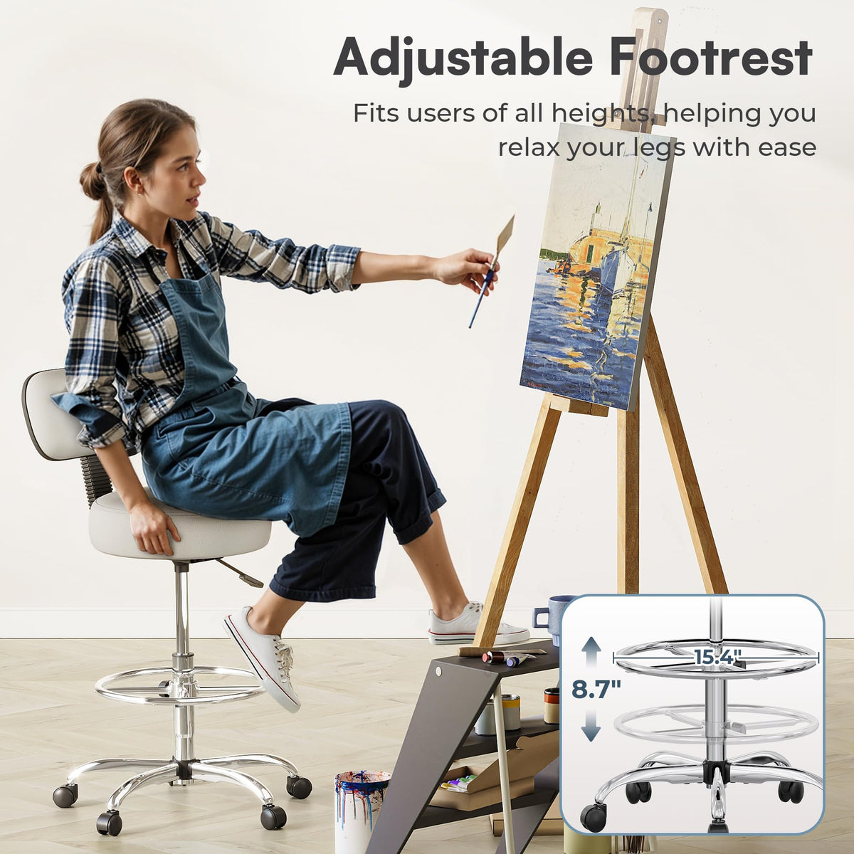 SUPERJARE Drafting Chair with Backrest, Adjustable Foot Rest Rolling Stool