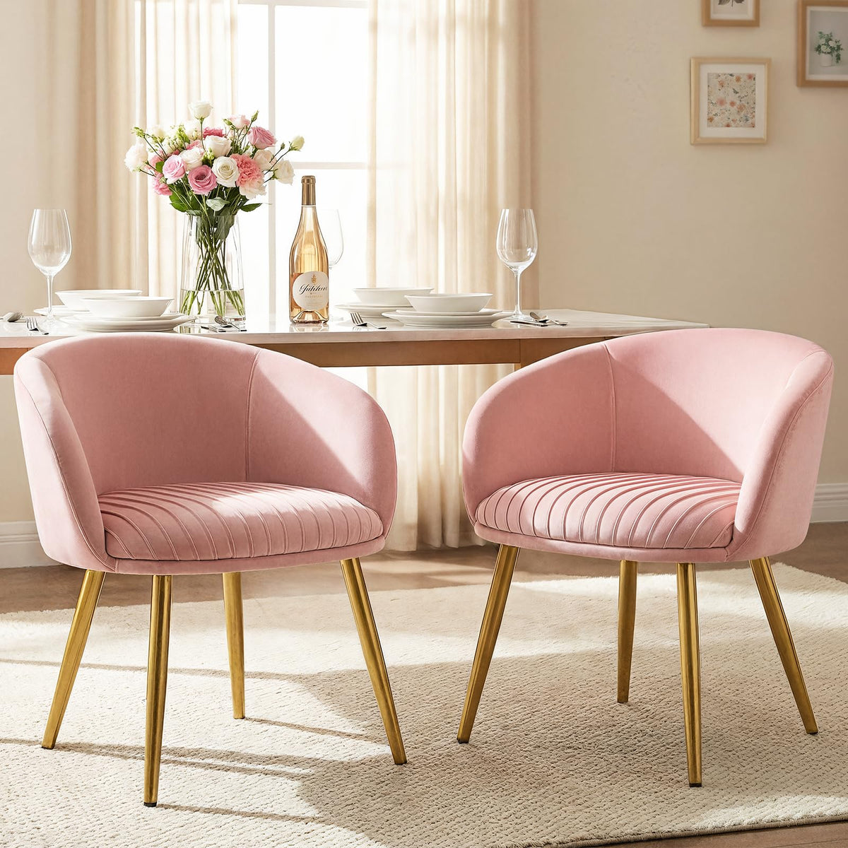 Accent Velvet Makeup Vanity Chairs Set of 2 Boucle Modern Tufted Girls Desk Chair No Wheels with Gold Metal Legs, 20" Extra Wide Armchair for Bedroom Bathroom Dining Room Living Room, Cream Beige