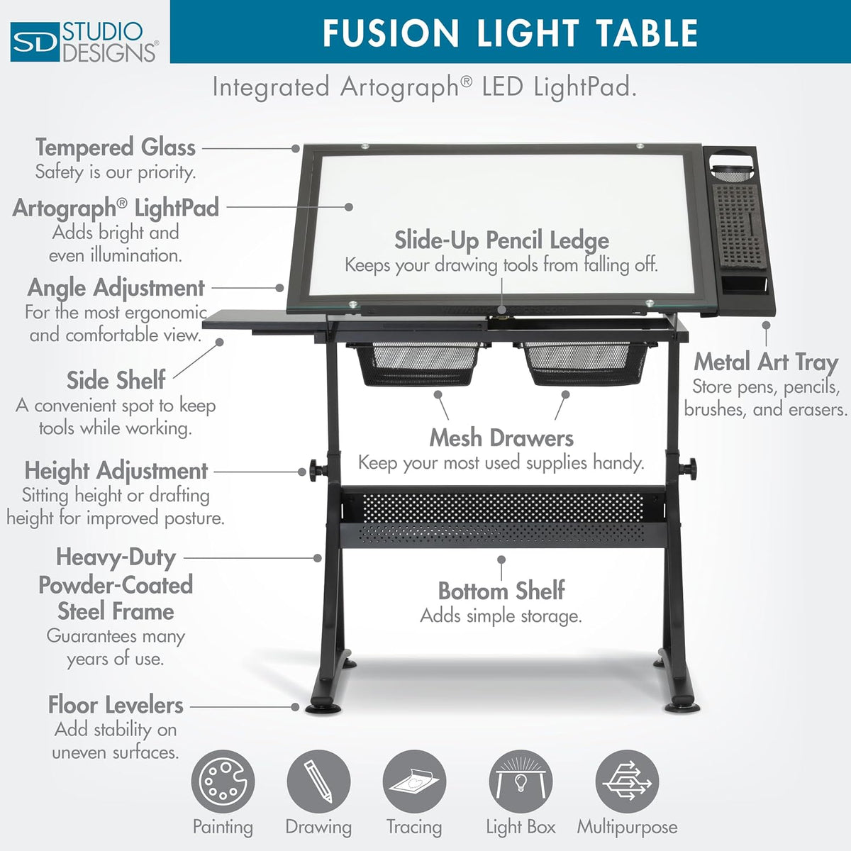 Studio Designs Fusion Drafting Table with Integrated LED Light Pad, Height & Angle Adjustable Tempered Glass Light Table, Artograph Light Pad, Storage Drawers & Side Shelf
