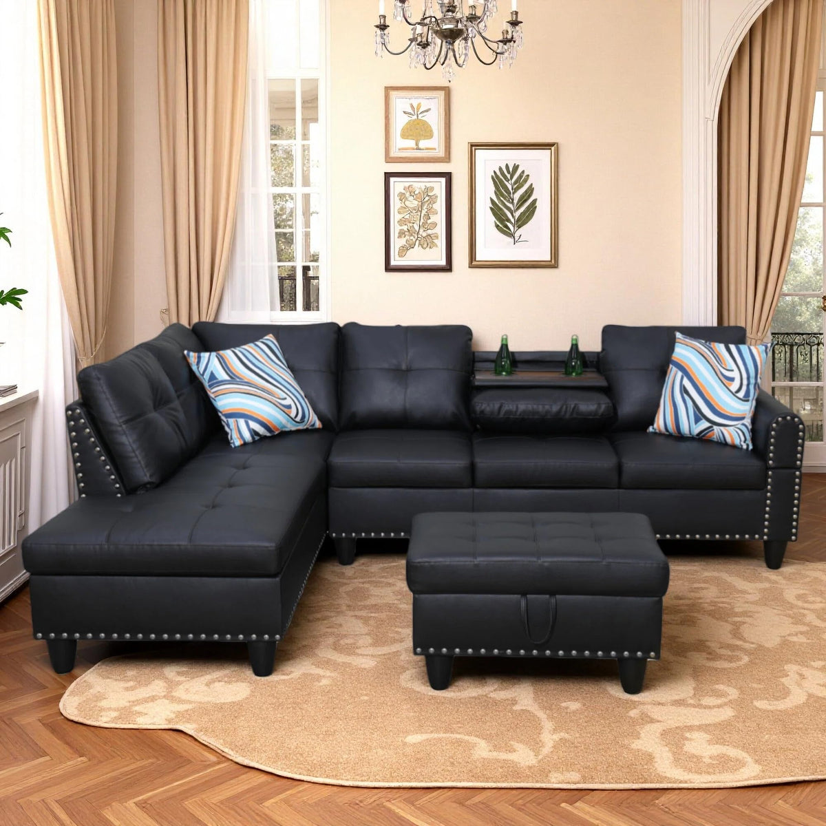 97.5" L-Shaped Modular Sectional Sofa with Movable Chaise & Storage Ottoman, 3 Piece Convertible Leather Couch, 4 Seat Gloss Black Living Room Furniture Set for Apartment Home Office