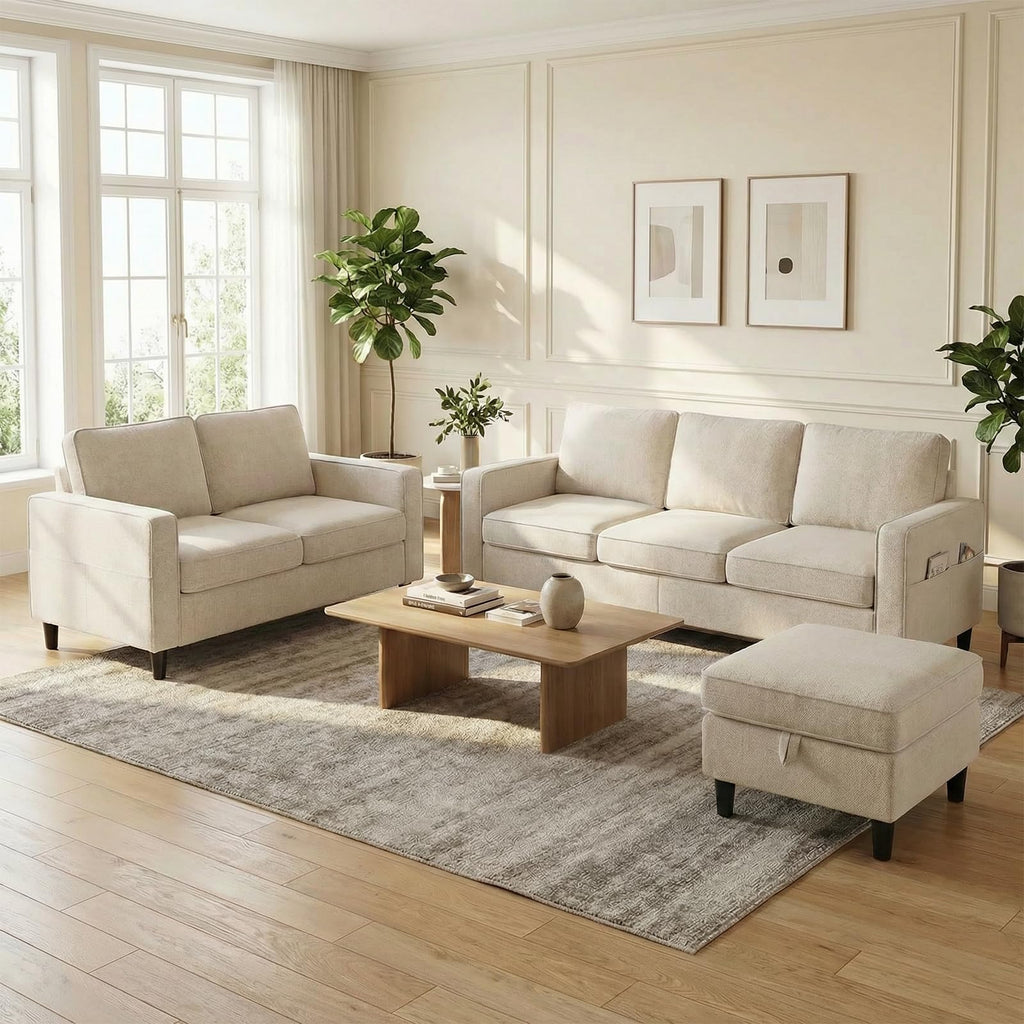 Mjkone 78"W 3 Pieces Sofa Couches Set for Living Room Sets Furniture, Sectional L Shaped 3-Seater Small Sofas Couch and Loveseat Sets with Storage Ottoman and Side Pockets for Home Office, Light Gray