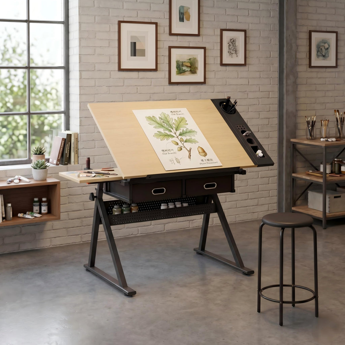 Adjustable Drawing Table with 3 Drawers & Stool, for Art & Work