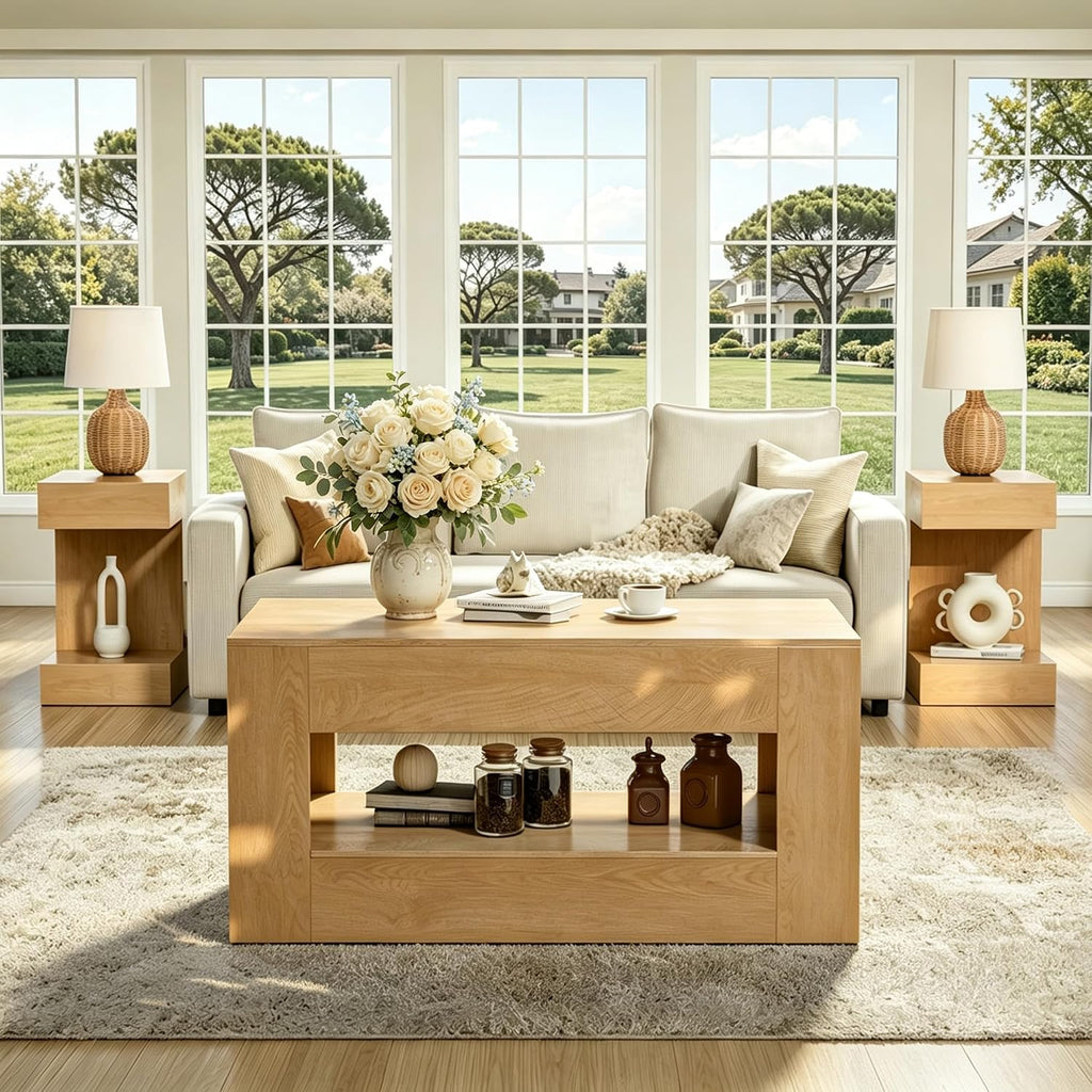 3 Piece Living Room Coffee Table Set, 41.3" Coffee Table and 2 End Tables