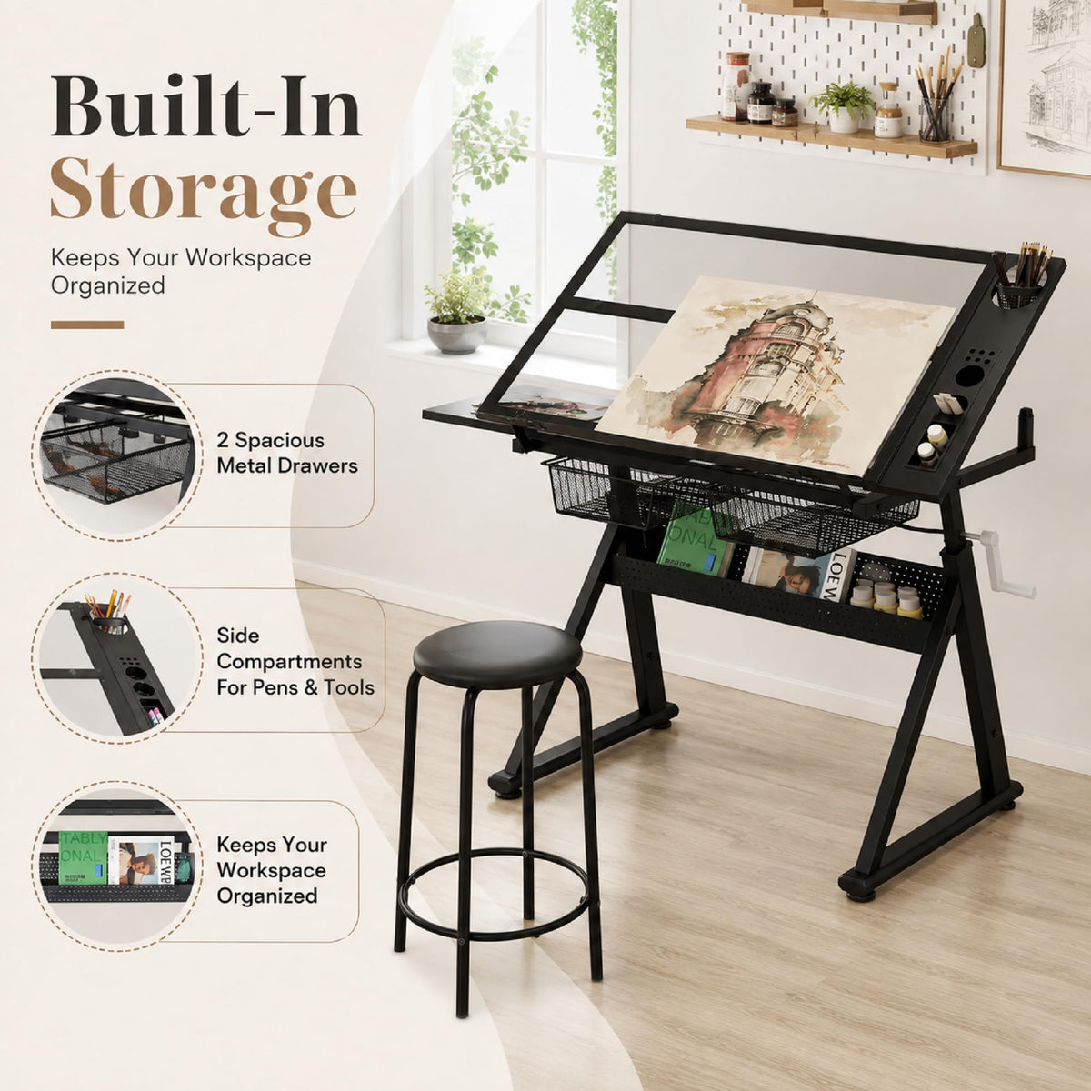 Drafting Table with Storage and Stool, Glass Art Desk for Adults Adjustable Height with 2 Metal Drawers, Craft Drawing Table Artist Desk with Extra Desktop for Reading/Writing/Studying (Black)