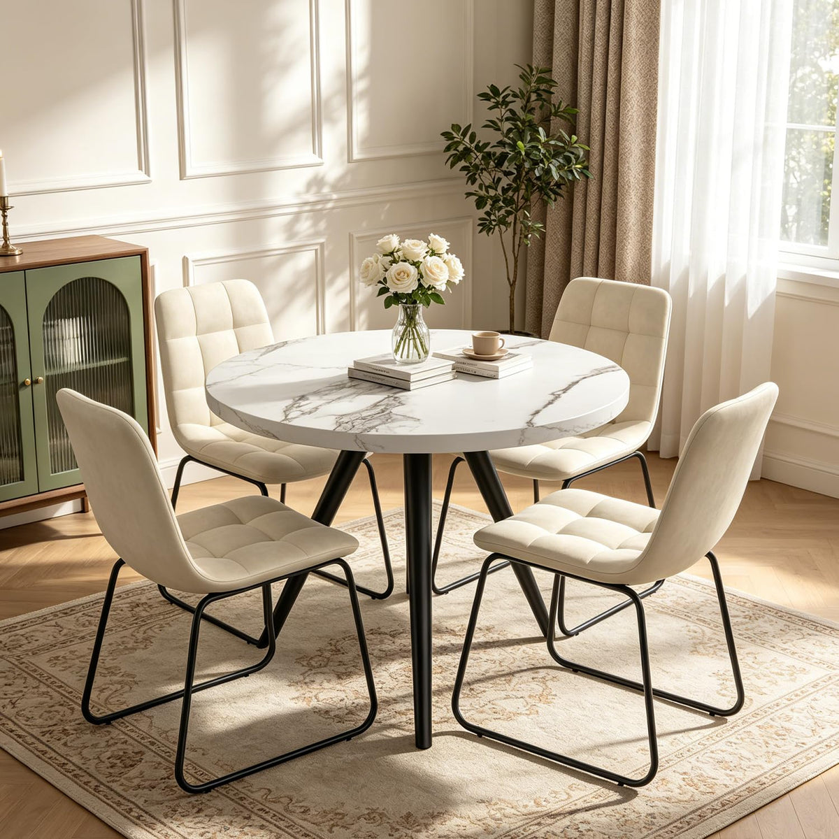 34.6" Round Dining Table Set for 4, Modern Kitchen Coffee Table Set, Walnut