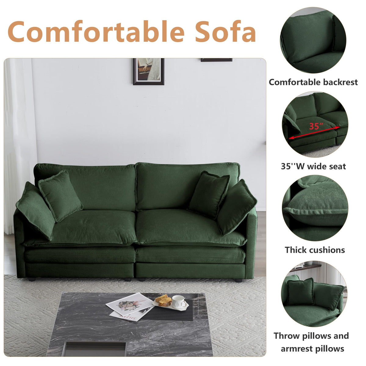 mikibama Luxury 2 Piece Loveseat Couch & Sofa Armchair Set, Modern Upholstered Chenille Cloud Couches Set Furniture with 5 Pillow for Living Room Bedroom Office Apartment, Evergreen