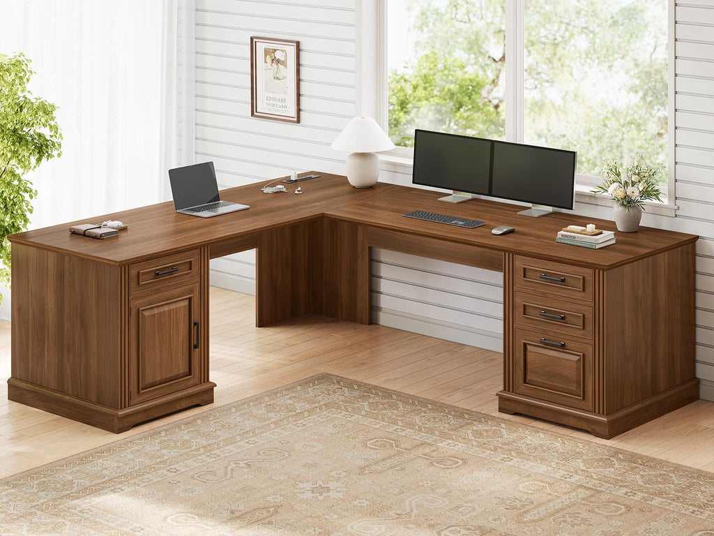 Itaar Farmhouse L Shaped Desk, Executive Computer Desk with Drawers and Storage Cabinet, Home Office Desk with File Drawer and Power Outlet, Corner Desk, Workstation for Office Home, Grey