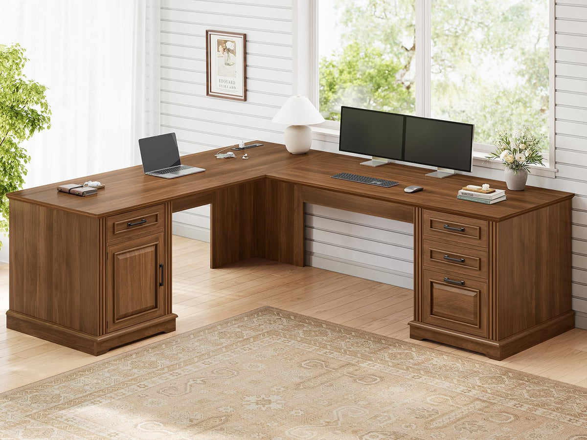Itaar Farmhouse L Shaped Desk, Executive Computer Desk with Drawers and Storage Cabinet, Home Office Desk with File Drawer and Power Outlet, Corner Desk, Workstation for Office Home, Grey