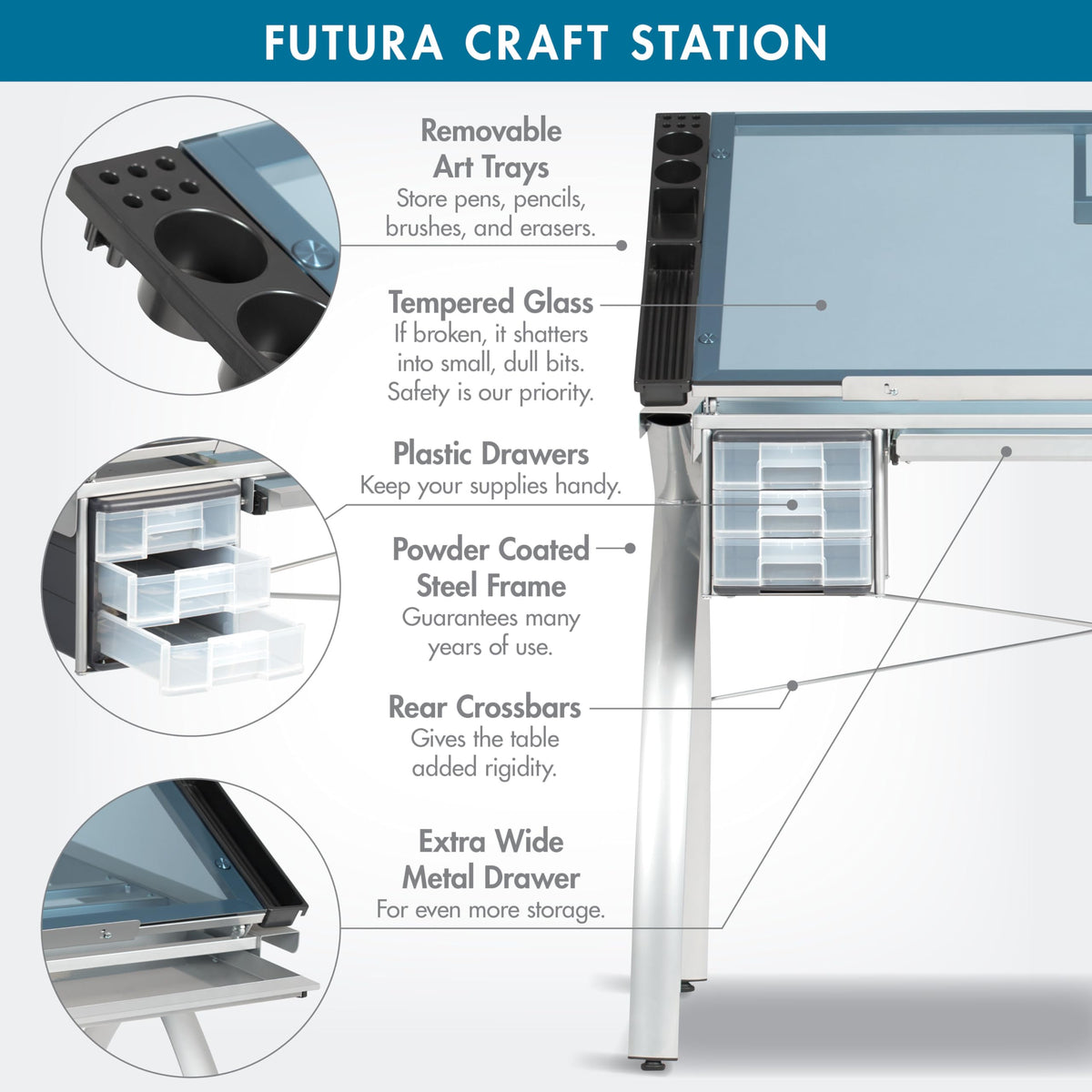 SD Studio Designs 10096 Futura Station with Folding Shelf Top Adjustable Drafting Craft Drawing Hobby Table Writing Studio Desk with Drawer, 35.5'' W x 23.75'' D, White/Clear Glass