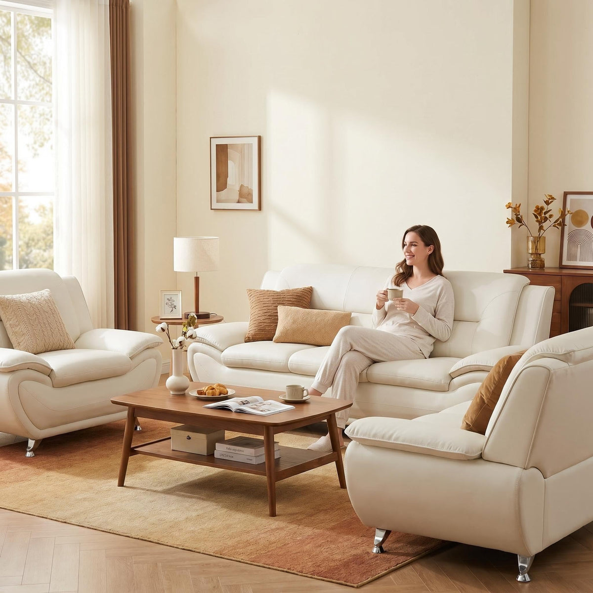 Modern Faux Leather Sofa Set â 3-Piece Living Room Couch with Chrome Legs & Padded Armrests â Includes 1-Seater, 2-Seater & 3-Seater â Contemporary Lounge Furniture for Home & Office (Brown)