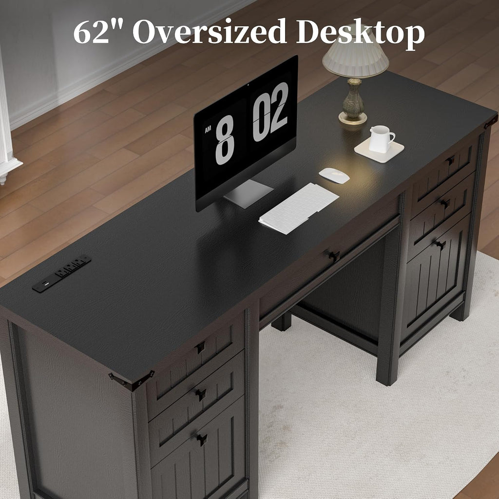 62" Executive Desk Home Office Desk with File Drawer & Cabinet