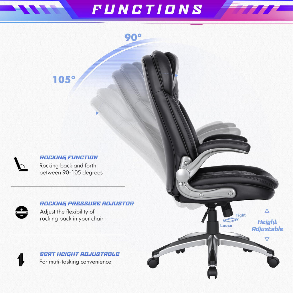 COLAMY High Back Executive Office Chairs, Ergonomic PU Leather Desk Chairs with Flip-Up Armrests, Adjustable Height, Lumbar Support, Comfortable Computer Chairs for Home Office, Set of 2