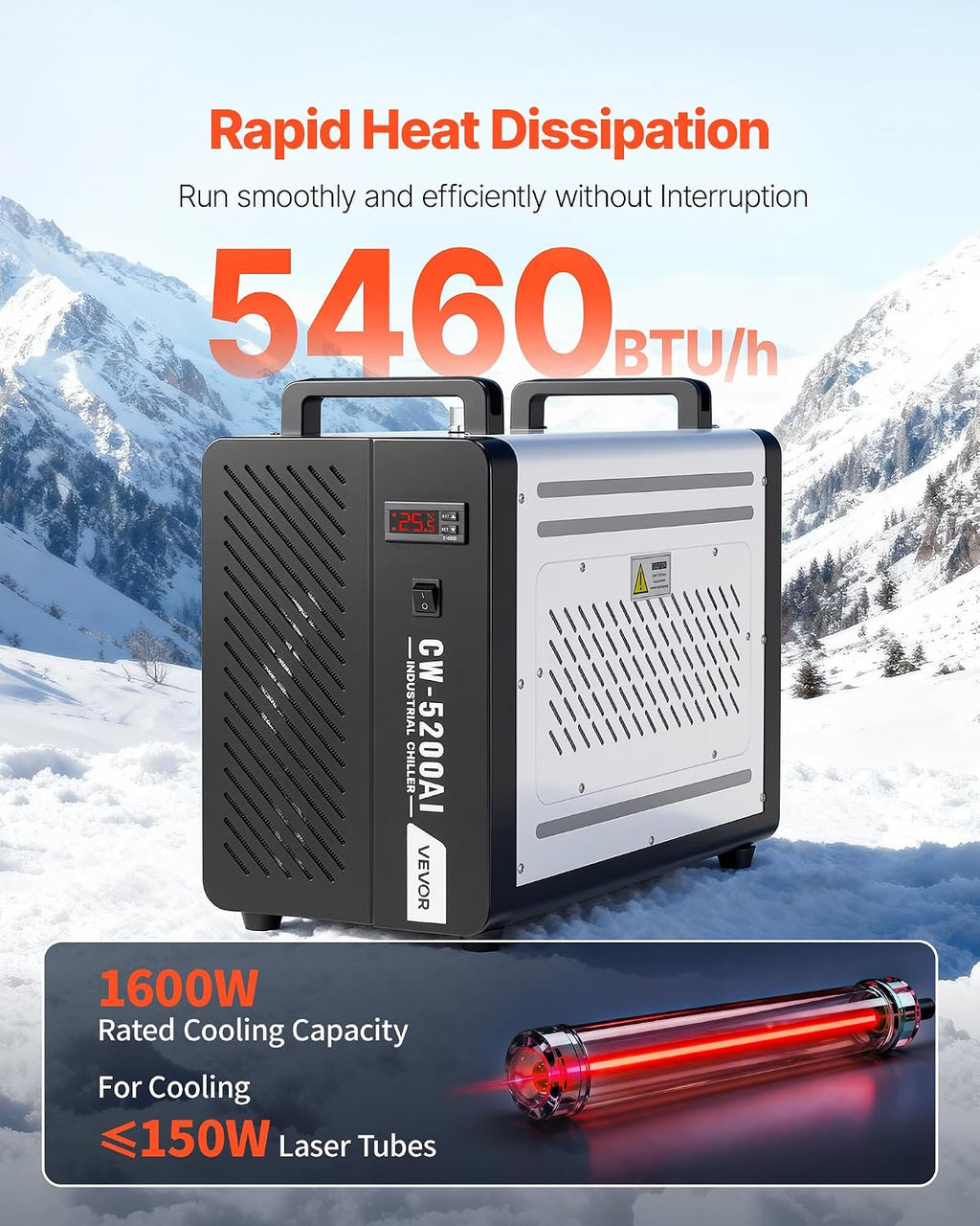VEVOR Industrial Water Chiller, 5460 BTU/h, Industrial Water Cooler Cooling System with Compressor, 4.2â¯GPM Max Flow, 1.8â¯ Gal Tank Capacity, Laser Chiller, for CO2 Laser Engraving & Cutting Machine