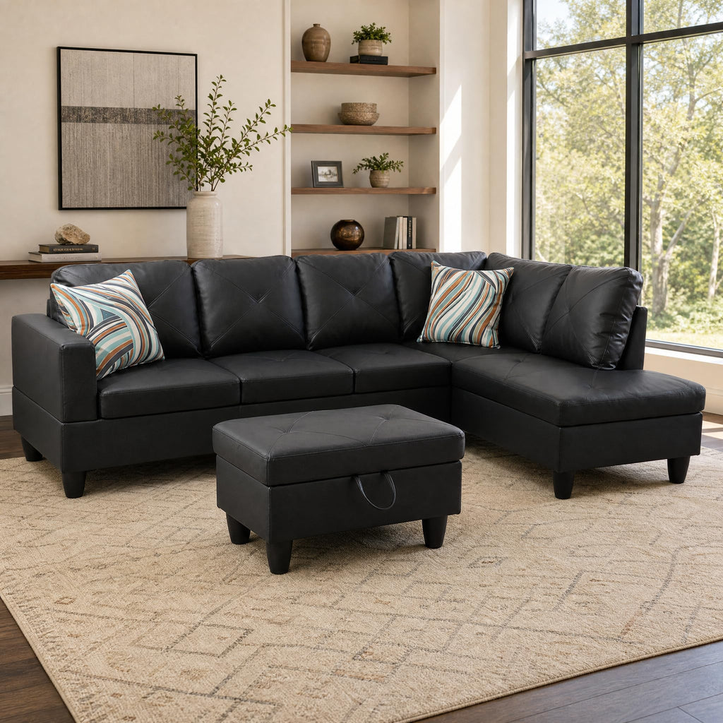 97.5" Leather L Shaped Couch with Left Chaise & Cup Holder, Sectional Sofas Modular Furniture Set with Storage Ottoman, Convertible Couches for Living Room, Office & Small Space (Black)