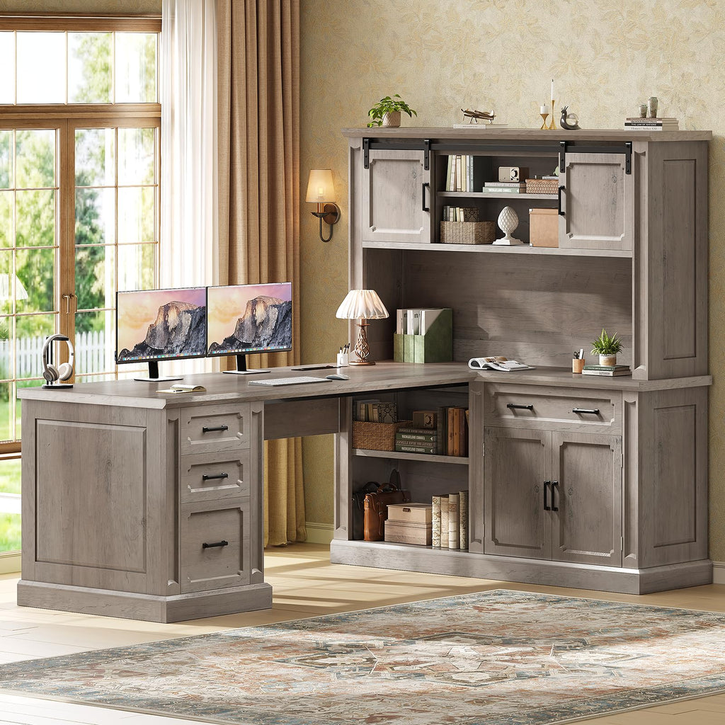 SEDETA Farmhouse 70.9" Executive Desk, Home Office Desk with File Drawers and Storage Cabinet, Computer Desk with Power Outlet for Home Office, Work Study Writing, Black+Brown