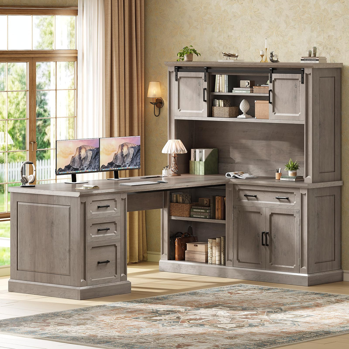 SEDETA Farmhouse 70.9" Executive Desk, Home Office Desk with File Drawers and Storage Cabinet, Computer Desk with Power Outlet for Home Office, Work Study Writing, Black+Brown