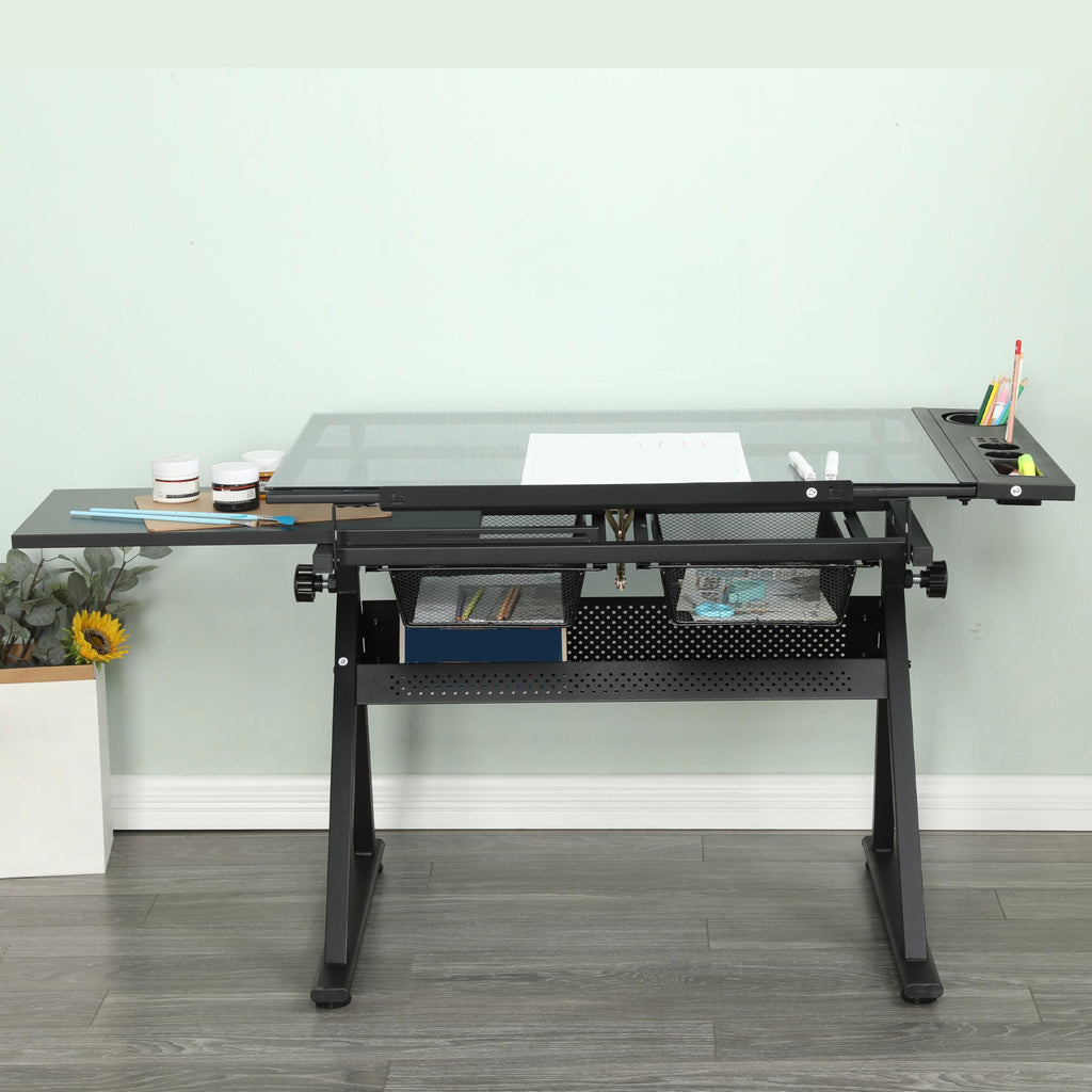 Adjustable Drafting Table with Stool, 0-75Â° Tilting Art Desk, White