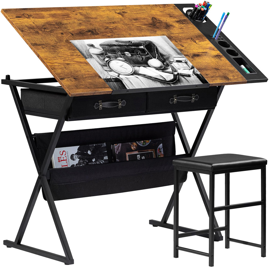 VECELO Drafting Table Art Desk Art Table Adjustable Drawing Table Tilted Tabletop with 2 Storage Drawers and Stool, Drawing Desk for Artist Painters Drawing, Crafting, Reading, Writing, White