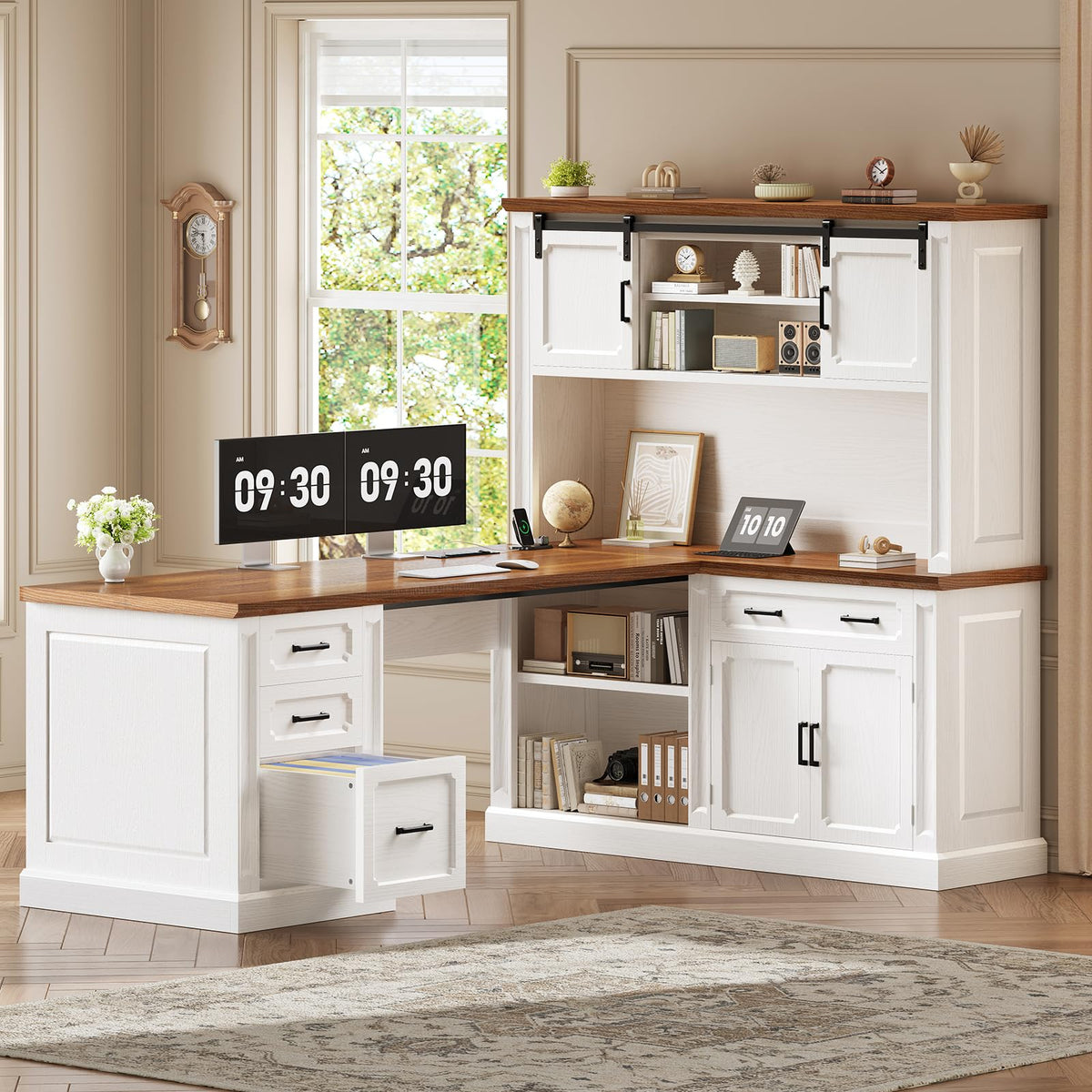 SEDETA Farmhouse 70.9" Executive Desk, Home Office Desk with File Drawers and Storage Cabinet, Computer Desk with Power Outlet for Home Office, Work Study Writing, Black+Brown
