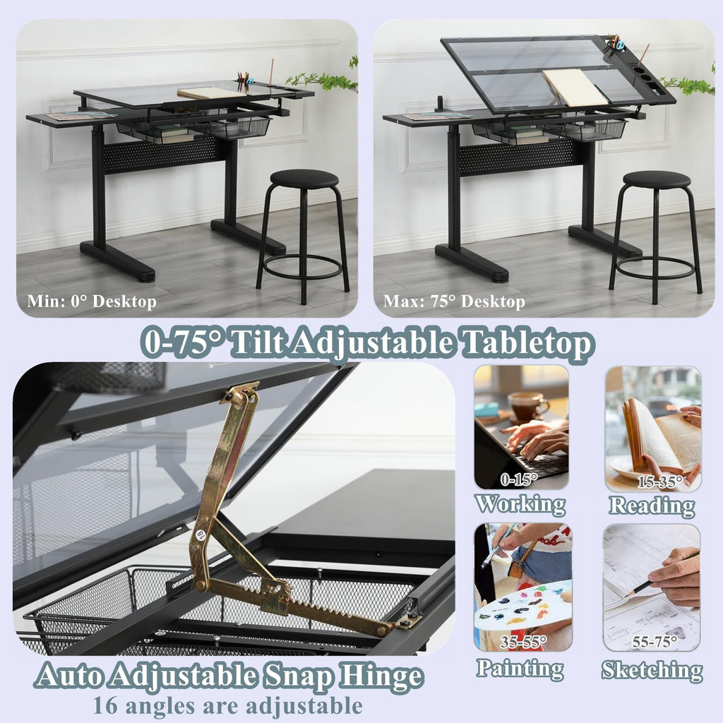 Drafting Table for Artists, Glass Drawing Table with Stool,T1-Black