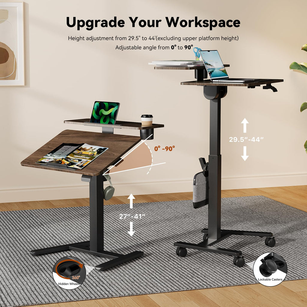 28" Mobile Standing Desk, Tiltable Top with 2-Tier Shelves, White