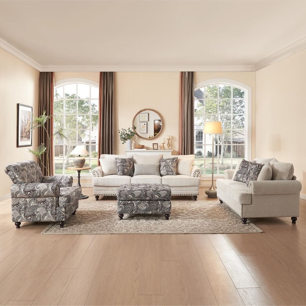 Modern Farmhouse Loveseat Sofa, Chenille Upholstery with Nailhead Trim, Small Couch for Living Room, Bedroom, Office, or Apartment, Includes 4 Accent Pillows