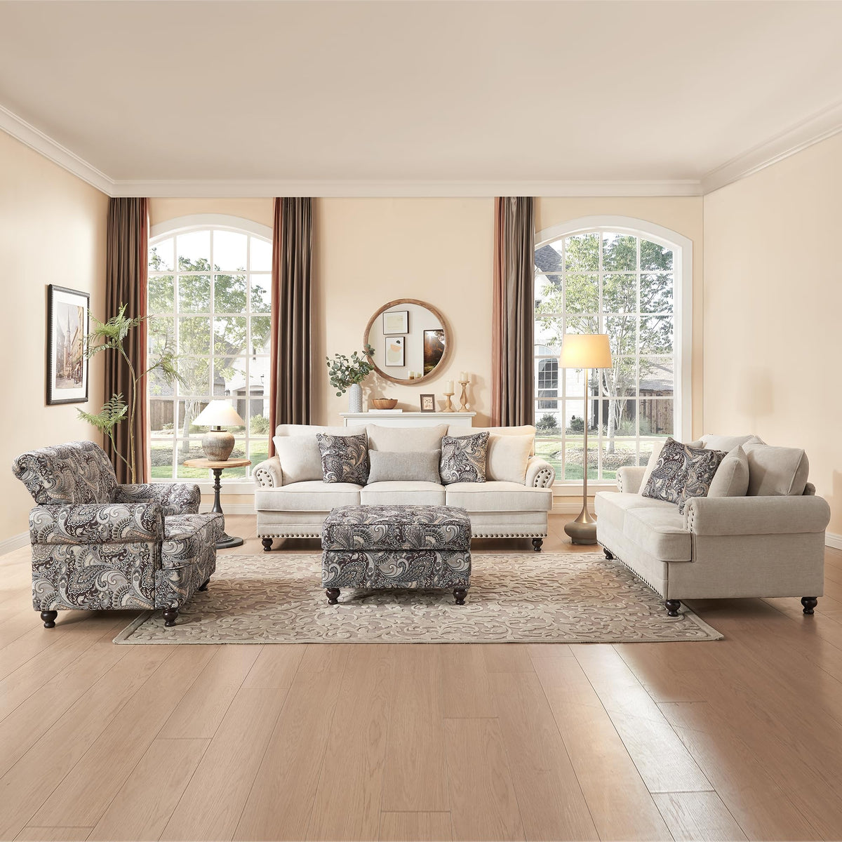Modern Farmhouse Loveseat Sofa, Chenille Upholstery with Nailhead Trim, Small Couch for Living Room, Bedroom, Office, or Apartment, Includes 4 Accent Pillows