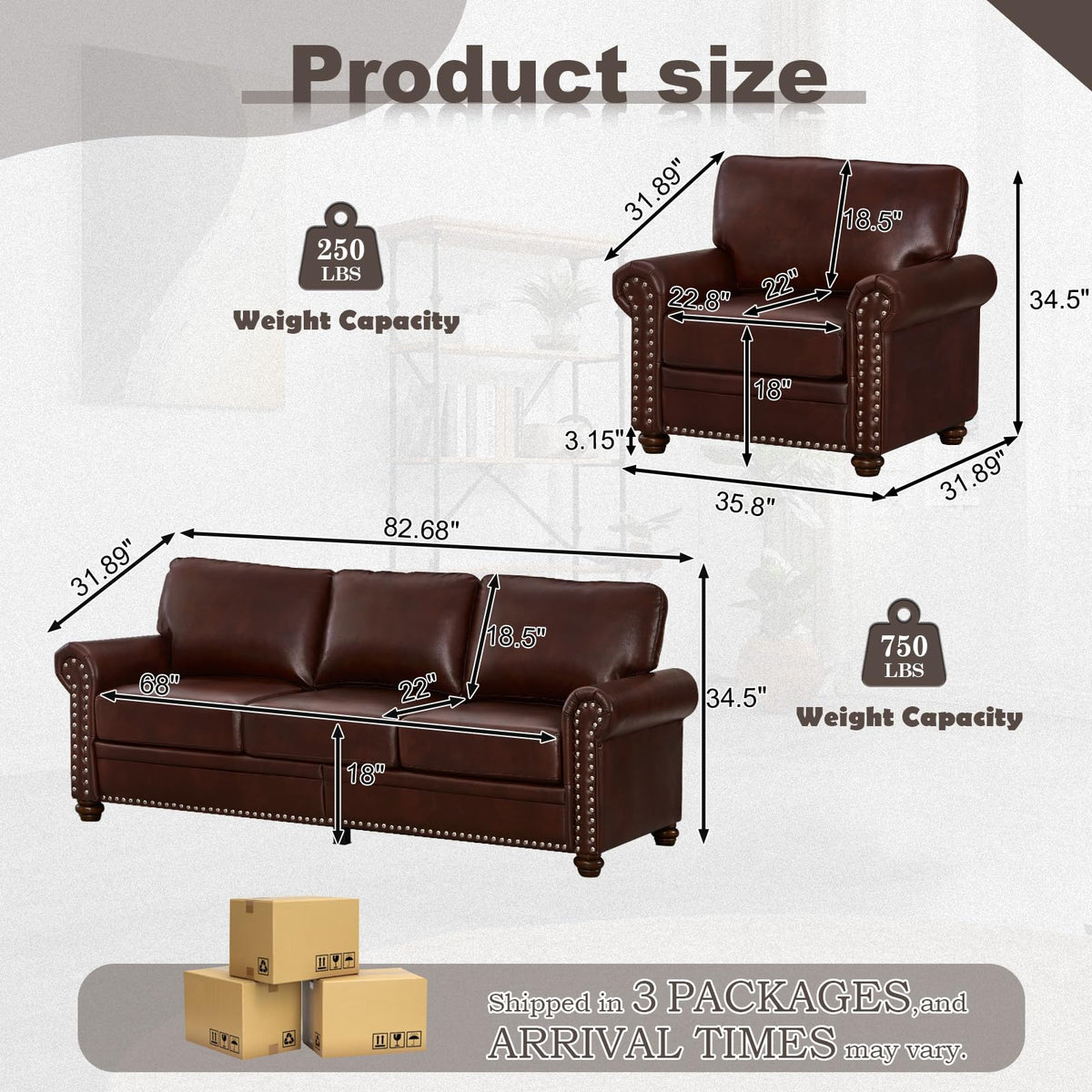 2 Piece Faux Leather Sofa Set,Modern Couch and Loveseat Sets with Storage,Mid Century Couch with Rivet Rolled Arm,Comfy Deep Seat Sofa,Furniture for Living Room,Office(Loveseat+3 Seater,Navy)