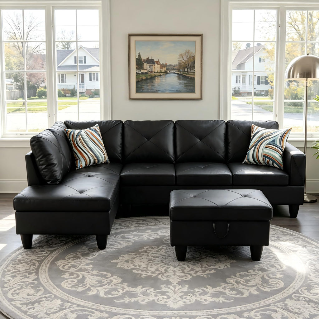 97.5" L-Shaped Modular Sectional Sofa with Movable Chaise & Storage Ottoman, 3 Piece Convertible Leather Couch, 4 Seat Gloss Black Living Room Furniture Set for Apartment Home Office