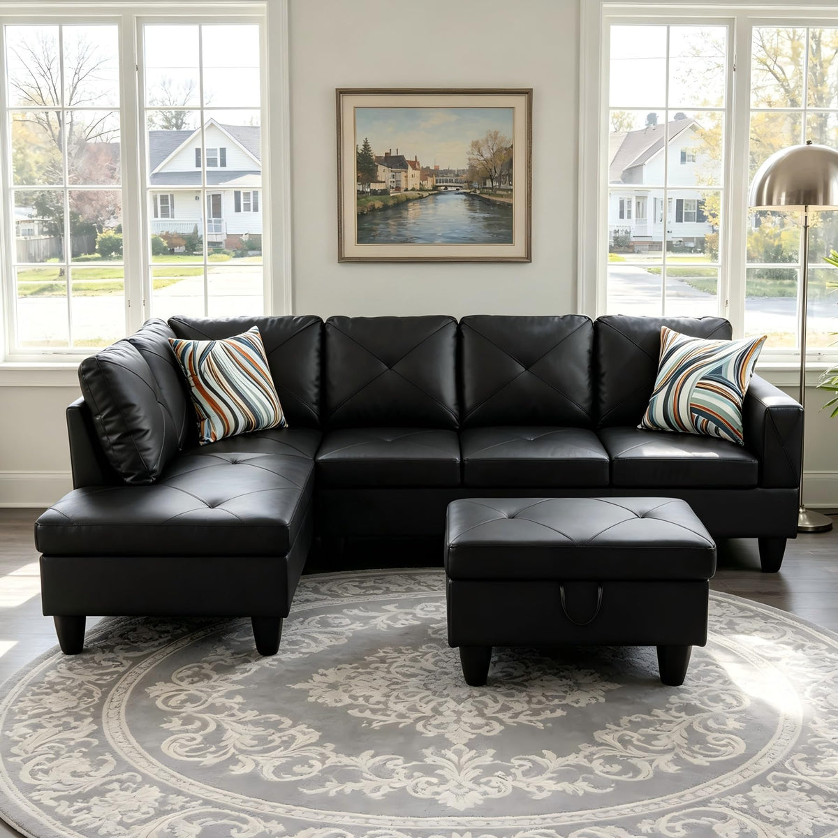 97.5" L-Shaped Modular Sectional Sofa with Movable Chaise & Storage Ottoman, 3 Piece Convertible Leather Couch, 4 Seat Gloss Black Living Room Furniture Set for Apartment Home Office